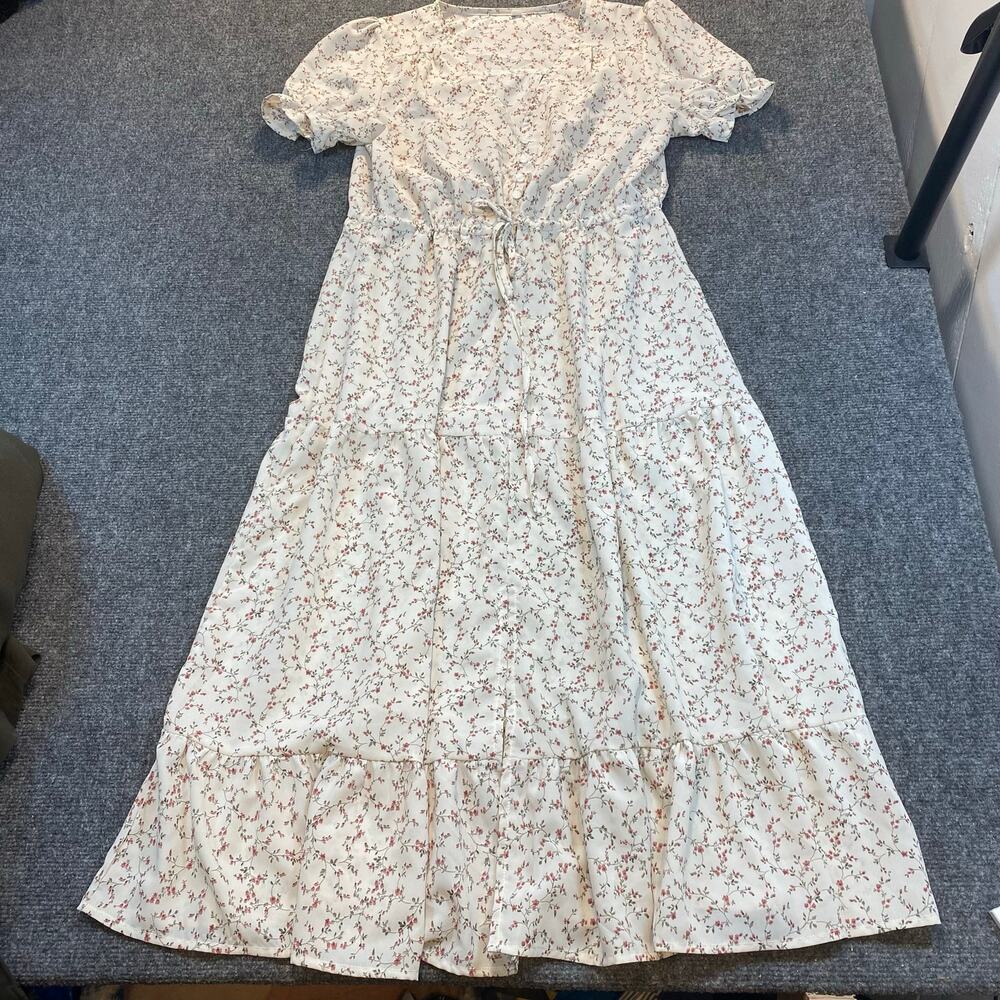 Cream Ditsy Rose Floral Maxi Dress Puff Sleeve Tiered Skirt Medium Cottagecore